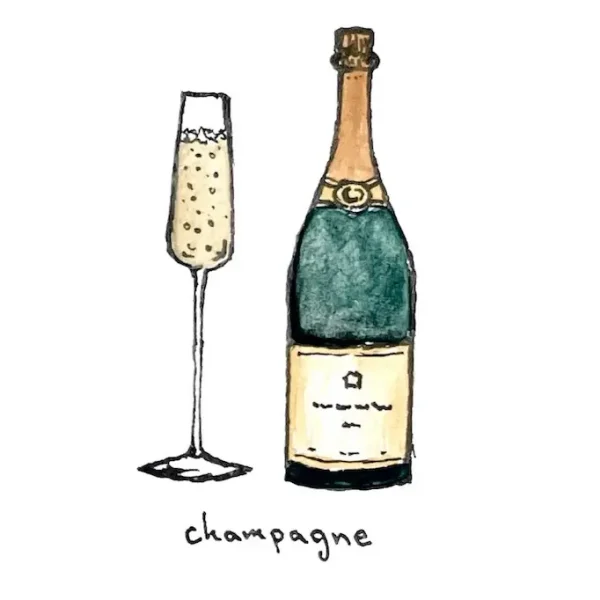 A hand-drawn image of a champagne bottle and a flute glass filled with champagne. The bottle has a dark green label and gold foil top. The word "champagne" is written below the illustration.