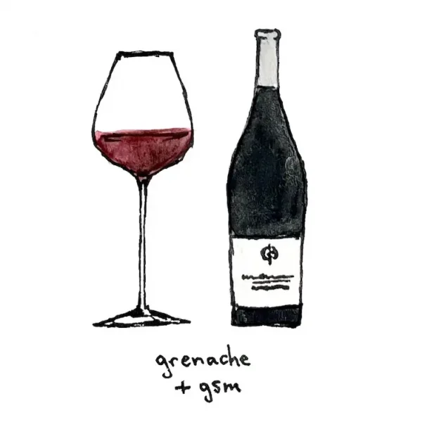 A simple illustration shows a wine glass filled with red wine next to a wine bottle. The text "grenache + gsm" is handwritten beneath the illustrations. The background is plain white.