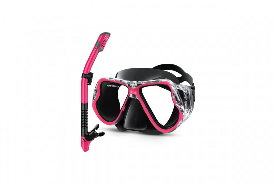 A pink and black snorkel and mask.
