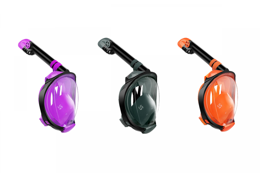 A purple snorkel, a black snorkel and an orange snorkel.