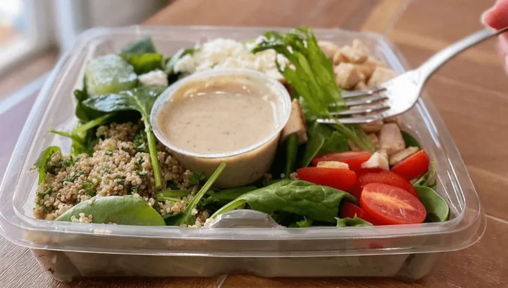 A clear plastic container holds a fresh salad with spinach leaves, quinoa, diced chicken, cherry tomatoes, and crumbled cheese. A small cup of dressing is centered within the salad. A hand with a fork is poised above the container, ready to take a bite.